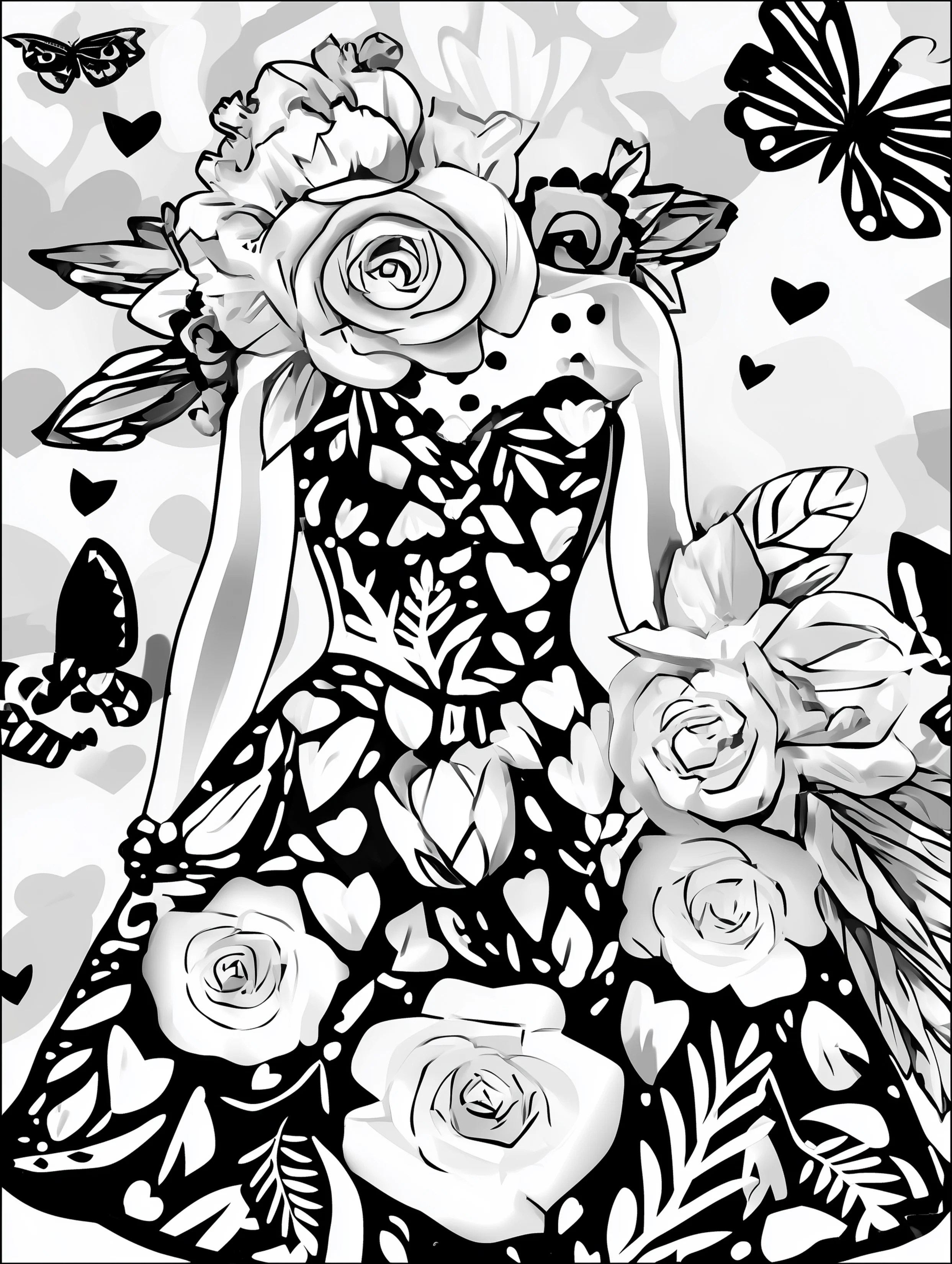Free printable dress coloring page for adults featuring a floral dress with heart textures